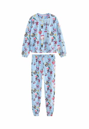 Blauwe katoenen pyjama set met een lange mouw top en broek met elastische tailleband, versierd met verschillende kleurrijke patronen zoals taarten en kaarsen.