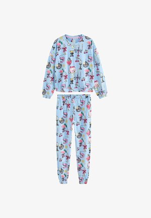 Blauwe katoenen pyjama set met een lange mouw top en broek met elastische tailleband, versierd met verschillende kleurrijke patronen zoals taarten en kaarsen.