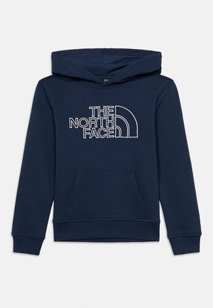 Navyblauw hooded sweatshirt met voorzak en wit "The North Face" logo gecentreerd op de borst.