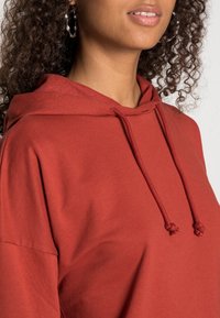 Sudadera de color óxido con capucha ajustable, hecha de material suave, que presenta un corte relajado y mangas holgadas. Los detalles notables incluyen pendientes redondos.