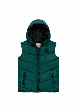 Veste matelassée verte sans manches avec capuche, fermeture éclair avant, deux poches zippées et un petit logo triangulaire noir sur la poitrine.