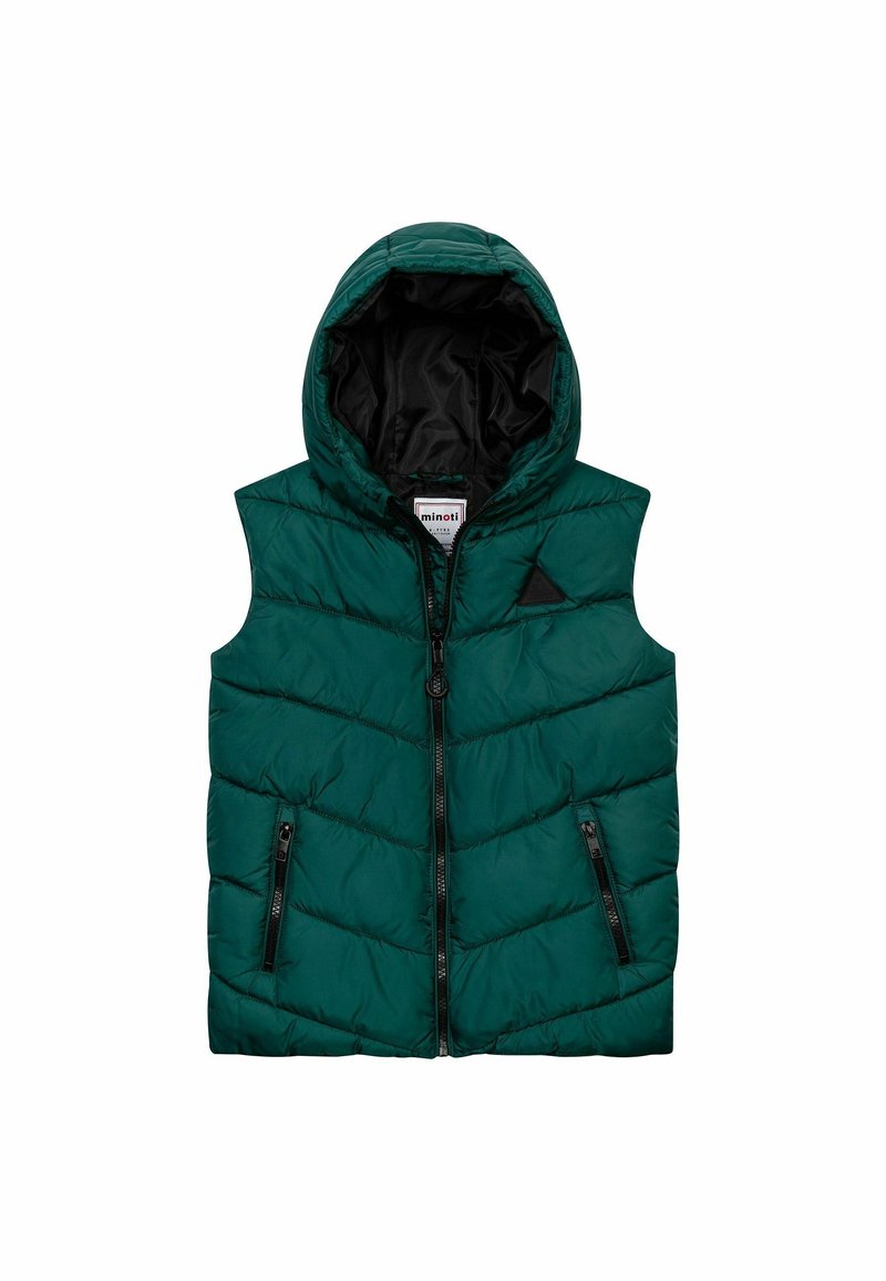 Veste matelassée verte sans manches avec capuche, fermeture éclair avant, deux poches zippées et un petit logo triangulaire noir sur la poitrine.
