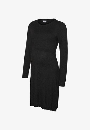 Musta pitkähihaisen äitiysmekon pehmeästä kankaasta, jossa on pyöreä kaula-aukko ja kevyesti kapeampi vyötärö kasvavalle vatsalle.