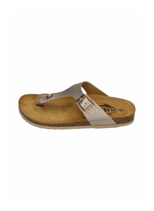 Brown cork sole sandal with metallic leather strap, adjustable buckle, and toe post, size 38, brand logo visible on footbed.