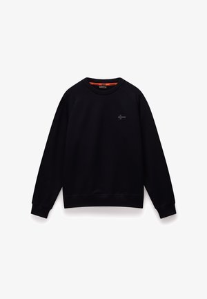 Juodas džemperis su apvaliu kaklu, raglano rankovėmis ir mažai iškilminga logotipu ant krūtinės. Pagamintas iš minkštos medžiagos, su gumuotais rankovių ir apačios kraštais.