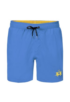 Blauwe zwembroek voor mannen met gele voering, zwart aantrekkoord en klein geel embleem op het onderste linkerbeen.