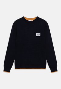 Pull en maille marine avec un col rond, équipé d'accents orange au col et à l'ourlet, et d'un écusson logo Timberland blanc sur la poitrine.