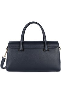 Borsa a mano in pelle blu navy con un design strutturato, doppio manico superiore e tracolla removibile. Presenta una superficie testurizzata e dettagli in metallo.