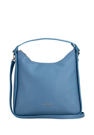 Sac à main en cuir bleu avec deux bretelles et petit logo doré sur le devant, posé sur un fond blanc.