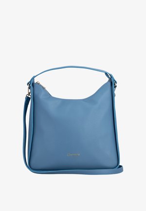 Blå læderhåndtaske med to skulderstropper og lille gyldent logo foran, sat mod en hvid baggrund.