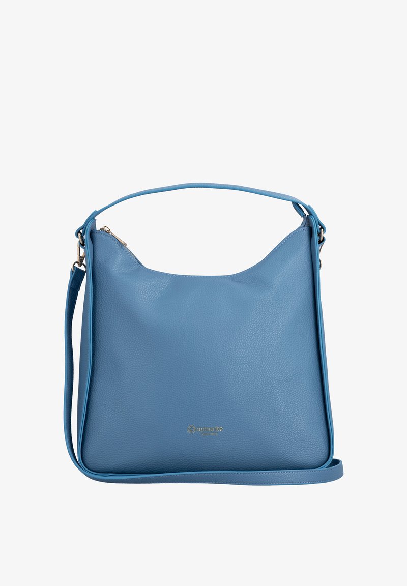 Sac à main en cuir bleu avec deux bretelles et petit logo doré sur le devant, posé sur un fond blanc.