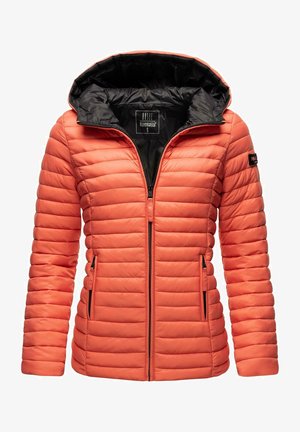 Oranžna puhasna jakna iz sintetičnega materiala, z črno podlogo, polnim zadrgo in dvema zadrgnjenima stranskima žepoma. Zasnova s kapuco.