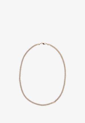 Srebrny metalowy naszyjnik łańcuszkowy o gładkiej fakturze, z owalnymi ogniwami i bezpiecznym zapięciem, tworzący okrągły kształt.