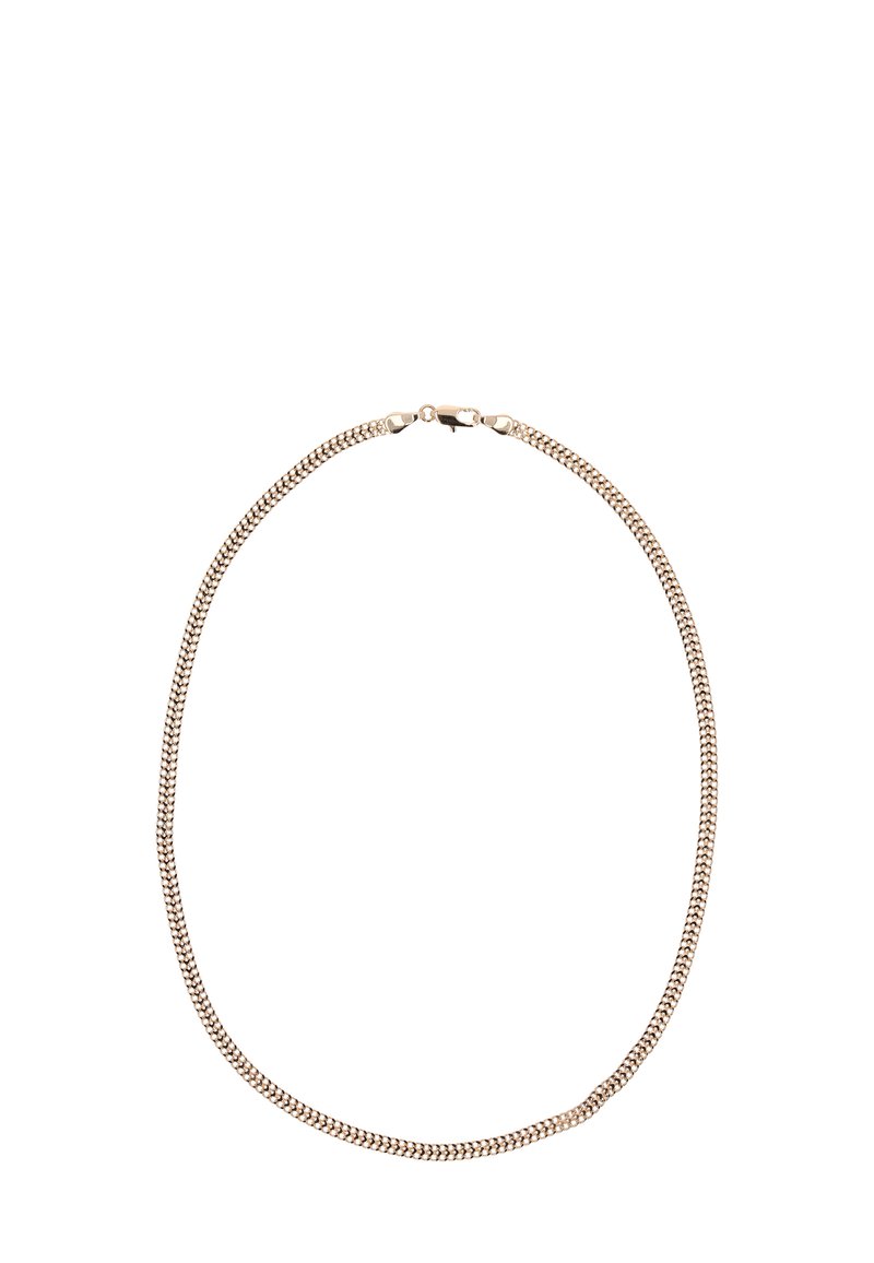 Hopeaketju, jossa on hopeanvärinen metallipinta, sileä rakenne, soikeita lenkkejä ja turvallinen lukko, näyttää pyöreältä.