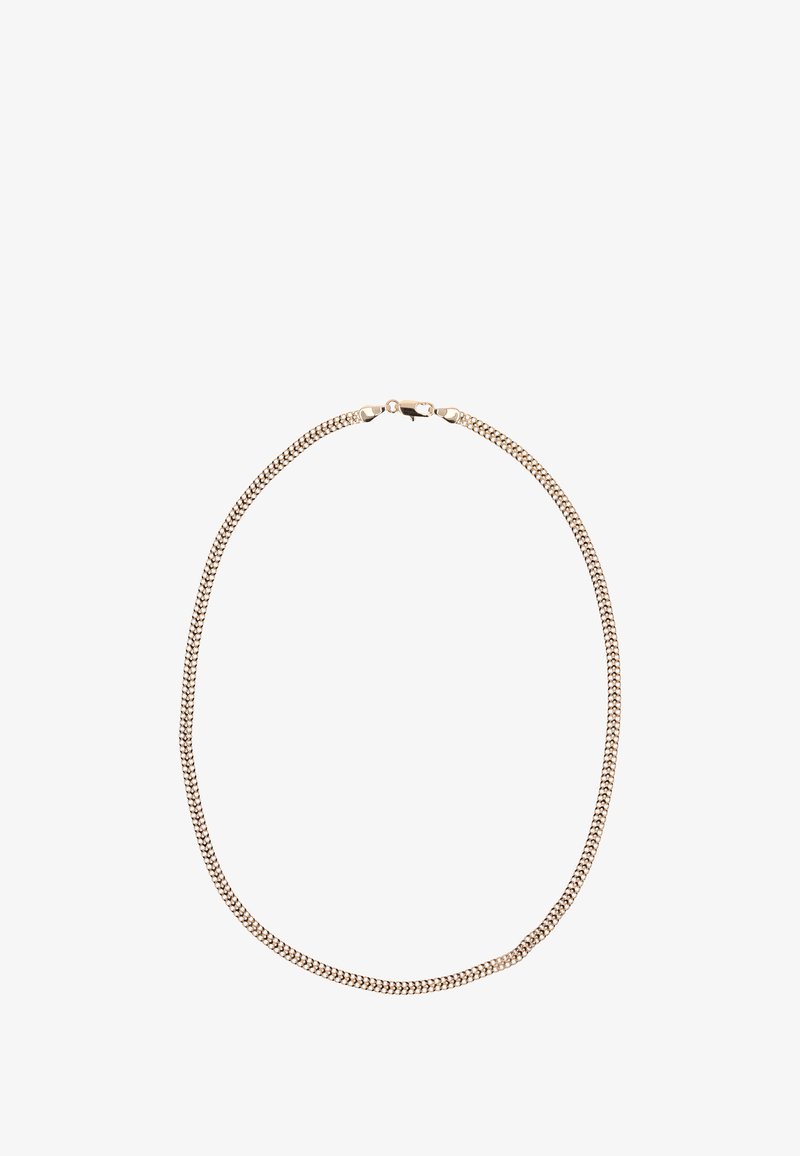 Hopeaketju, jossa on hopeanvärinen metallipinta, sileä rakenne, soikeita lenkkejä ja turvallinen lukko, näyttää pyöreältä.