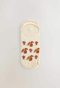 Beige ankle sock featuring repeated squirrel and red mushroom patterns, knitted texture, and a rounded toe design.