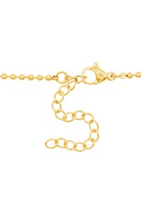 Collier en chaîne en or avec des perles rondes et un fermoir en homard, doté d'une section de chaîne prolongée pour un ajustement de la longueur. Texture métallique lisse.