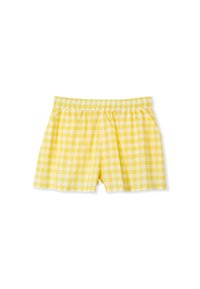 Pantalones cortos de cuadro vichy amarillo con cintura elástica, que cuentan con bolsillos laterales y un borde de encaje en el dobladillo. Material de algodón suave.