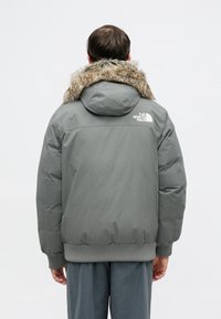 Graue gepolsterte Jacke mit einer mit Fell gefütterten Kapuze, gerippten Bündchen und dem North Face-Logo auf dem Rücken. Weiche Textur, lässiges Design.