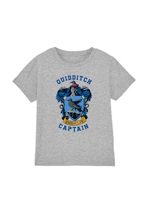 Gray T-shirt with blue and black Ravenclaw crest, a black raven on a blue shield, and text "Quidditch Captain" above and below the crest.