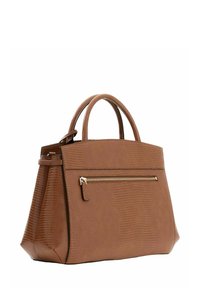 Sac à main texturé marron avec une poche avant zippée, deux poignées et une forme structurée. Fabriqué en matériau synthétique avec un motif subtil.