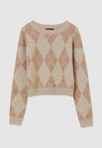 Maglione corto beige con un motivo argyle in marrone chiaro e fili dorati. Presenta un collo rotondo e polsini a coste. Texture morbida.