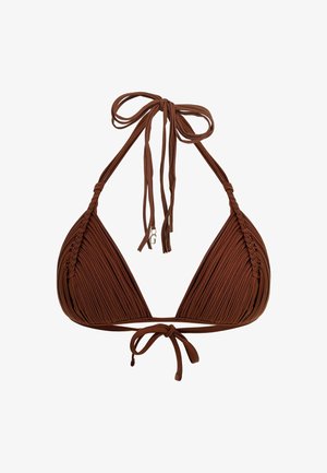 Bruine bikinitop met geplooid ontwerp, voorzien van gevlochten accenten en verstelbare strikbanden voor een aanpasbare pasvorm.
