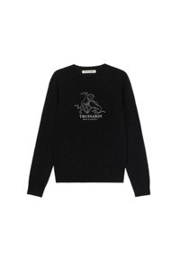 Černý svetr z měkkého materiálu, s bílým liniovým potiskem psů a nápisem "TRUSSARDI GENTLE SOCIETY" pod grafikou.