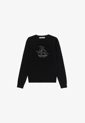 Zwarte trui van zachte stof, met een witte lijntekening van honden en de tekst "TRUSSARDI GENTLE SOCIETY" onder de afbeelding.