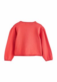 Pull en tricot corail avec de longues manches bouffantes, des poignets côtelés et un col rond. Le tissu semble doux avec une texture lisse.
