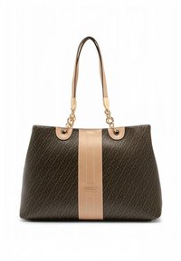 Sac cabas à motifs marron avec des accents beiges, doté de deux anses d'épaule, de ferrures dorées et d'une bande centrale avec logo. Finition lisse.