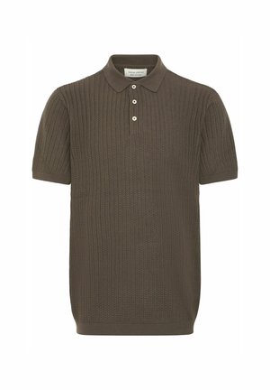 Polo de manga corta en verde oliva, con un tejido de punto acanalado texturizado, un cuello clásico y tapeta de tres botones. Acabado de tela suave.