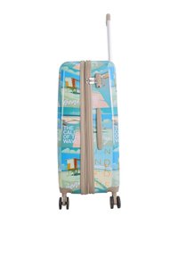 Hartschalenkoffer in Hellblau mit strandthemed Grafiken und Text. Zwei Rollen und ein ausziehbarer Griff für die Portabilität.