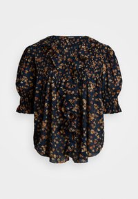 Marineblå blomsterbluse med korte puffermer, bølget front og mønstre av gull- og oransje blomster mot en mørk bakgrunn. Lettvekt stoff.
