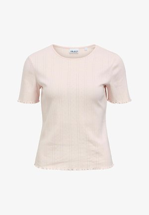 Lichtroze, kort mouwens gebreide top met subtiel verticaal patroon, ronde hals en gerimpelde randen aan mouwen en zoom.