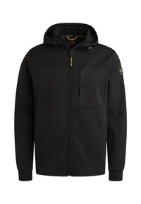 Sudadera negra de tela suave, con cierre de cremallera en el frente, capucha con cordón y un bolsillo en el pecho con detalle del logo en la manga.