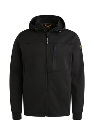 Sudadera negra de tela suave, con cierre de cremallera en el frente, capucha con cordón y un bolsillo en el pecho con detalle del logo en la manga.