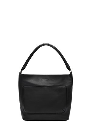 Schwarze Lederhandtasche mit glatter Textur, breitem Tragegurt und Vordertasche. Verfügt über ein minimalistisches Design und klare Linien.