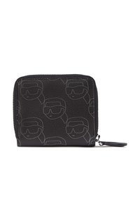 Portefeuille noir à fermeture éclair avec une finition en cuir texturé et un subtil motif gris de visages portant des lunettes de soleil.