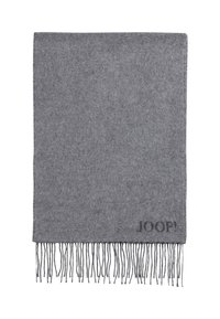 Grauer Wollschal mit Fransen, der am unteren Rand ein dezentes "JOOP!"-Logo in dunklerem Grau aufweist. Glatte Textur und rechteckige Form.
