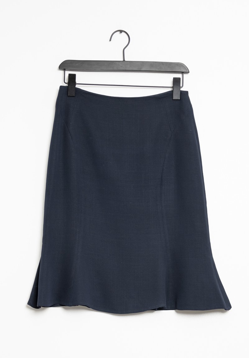 Navy blue A-line skirt made of textured fabric. Features a flared hem and hangs from a black plastic hanger. Simple and elegant design.
