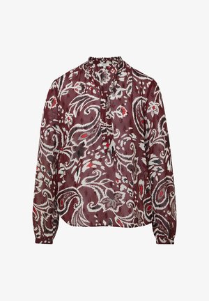 Durchsichtige Bluse mit langen Ärmeln in bordeauxrot, weiß, rot und schwarz mit abstraktem Blumen- und Paisleymuster, Rüschenausschnitt und Bindeband.