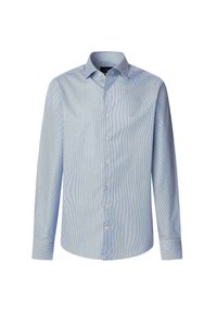 Lichtblauw gestreept overhemd van katoen, met een button-down kraag, lange mouwen en witte knopen.
