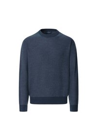 Mornarsko plavi džemper s okruglim izrezom, dugim rukavima, teksturiranim pletenim materijalom te rebrastim rubovima i manžetama. Bez uzoraka ili vidljivog hardvera.