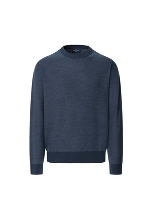 Suéter de cuello redondo azul marino con mangas largas, tejido de punto texturizado y puños y bajo de canalé. Sin estampados ni herrajes visibles.