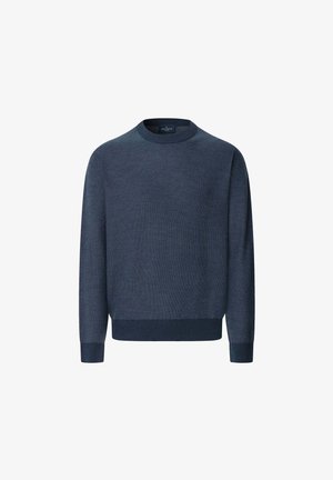 Tummansininen pyöreäkauluksinen neulepusero, jossa on pitkät hihat, tekstuurinen neulekangas sekä resorit helmassa ja hihoissa. Ei kuvioita tai näkyviä metalliosia.