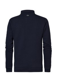 Navy blue pullover with a textured pattern, high collar, and long sleeves. Features ribbed cuffs and hem for comfort.