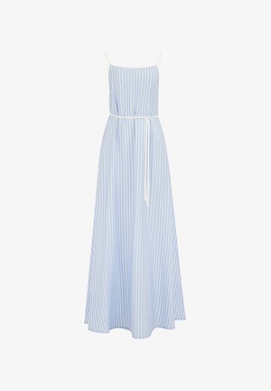 Prugasta maxi haljina u svijetloplavoj i bijeloj boji, s tankim naramenicama, tijesnim tijelom i remenom za vezanje u struku. Glatka, lagana tkanina.