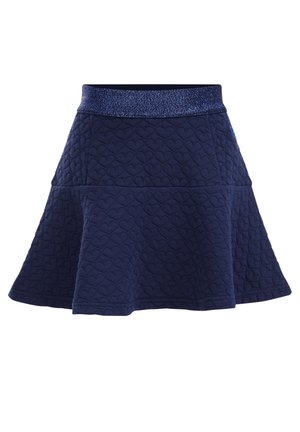 Jupe matelassée bleu marine avec motif de cœur, coupe évasée et taille élastique brillante.