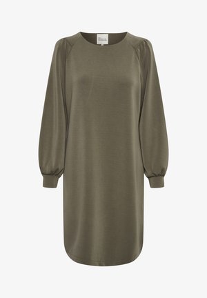 Oliwkowa sukienka z długimi balonowymi rękawami, okrągłym dekoltem i luźnym fasonem, wykonana z gładkiego, lekkiego materiału. Szyty dół bez wzorów.